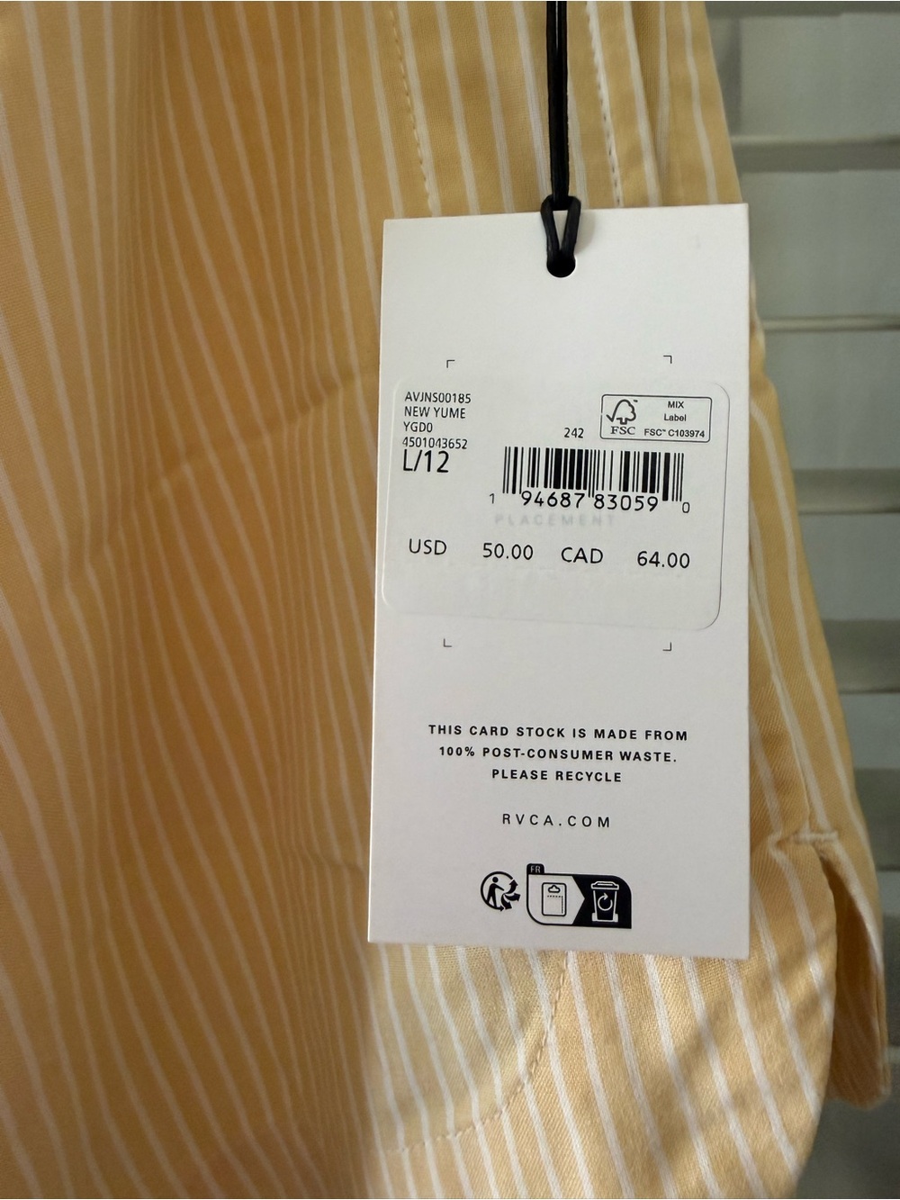 NWT RVCA Women’s Lightweight Striped Yellow Shorts - Picture 4 of 4